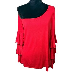 Boston Proper | Red One Shoulder Layered Tiered Sleeve Knit Blouse | Sz L